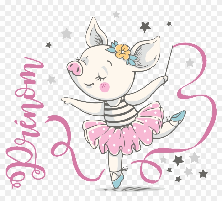 Sticker Prenom Personnalise Cochon Ballerine Ambiance - Illustration Clipart