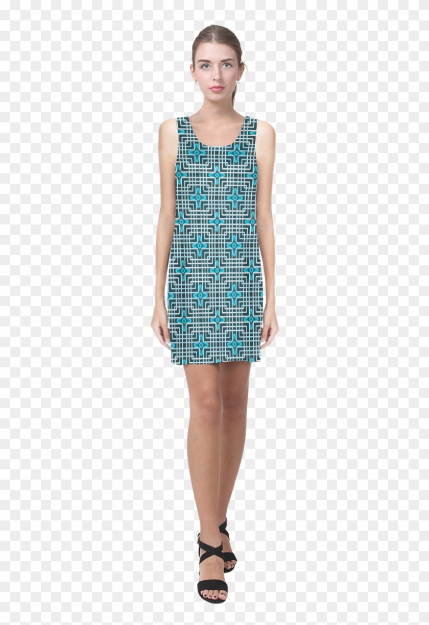 Neon Blue Flowers And White Grid Unique Geometric Pattern - Dress Clipart #5212022