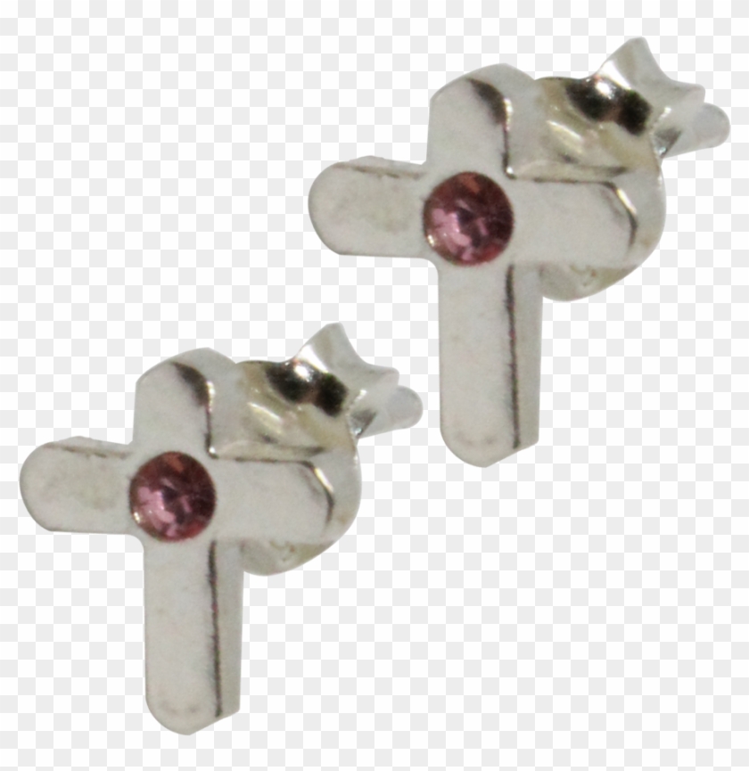 Sterling Silver Cross Stud Earrings With Pink Crystal - Ring Clipart