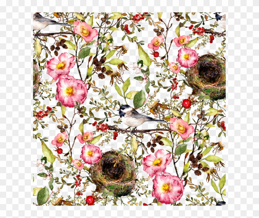 Chickadee With Nest Watercolor On White Fabric - Rose Clipart