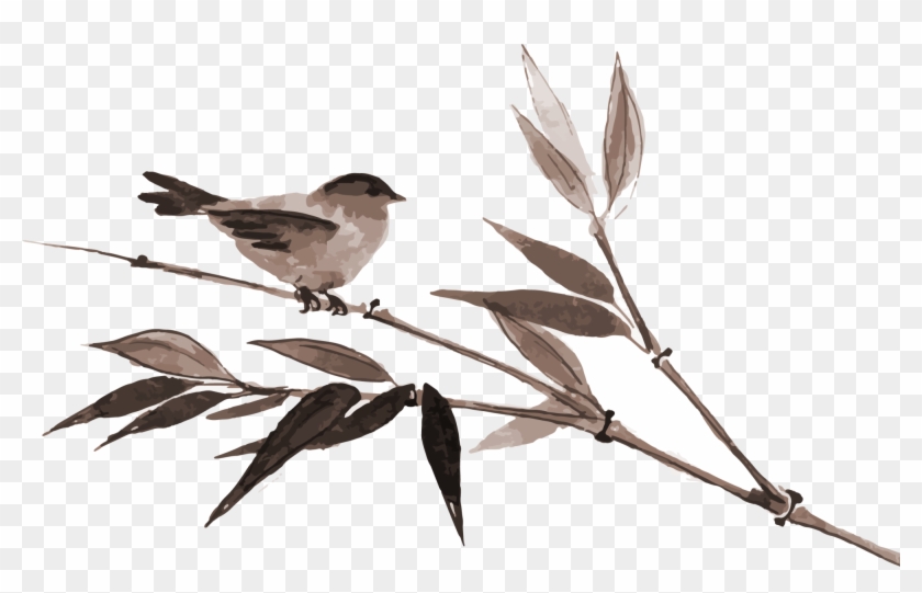 Bamboo Wash Painting Brown Bird Transprent Png - Japanese Cherry Blossom Vector Painting Clipart