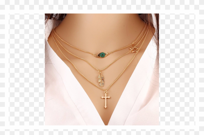 Gold Plated Three Layers Chain Beads And Long Strip - Necklace Clipart