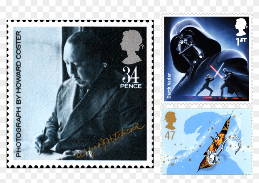 Three Stamps Depicting Alfred Hitchcock, Darth Vader - Star Wars Art Darth Vader Clipart