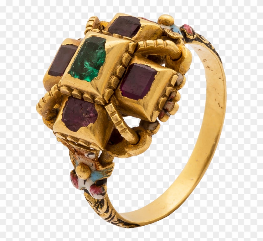 Baroque Enameled Ring Set With Rubies And An Emerald - Ruby Clipart #5263266