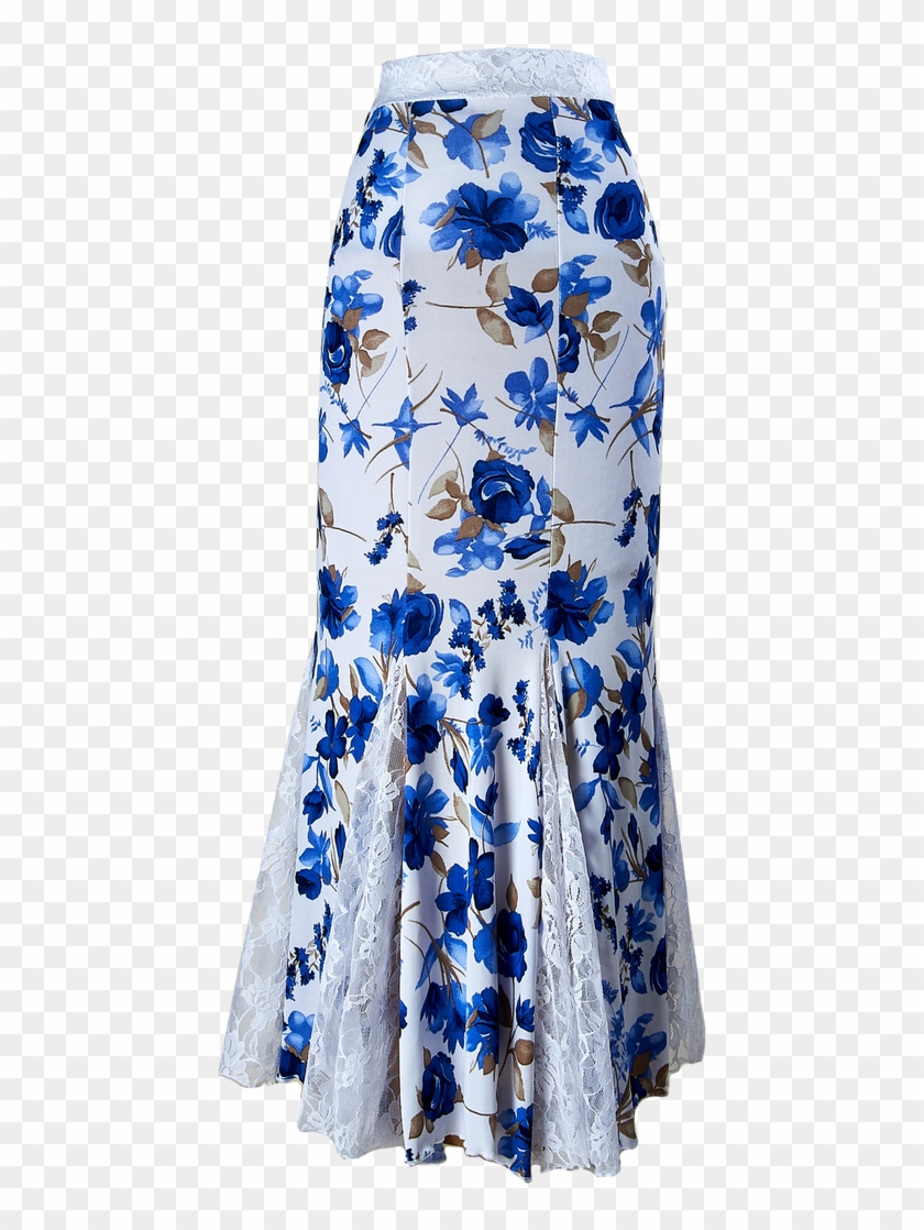 Falda Blanca Flores Azules 6 Gajos Con Encaje - A-line Clipart #5286530