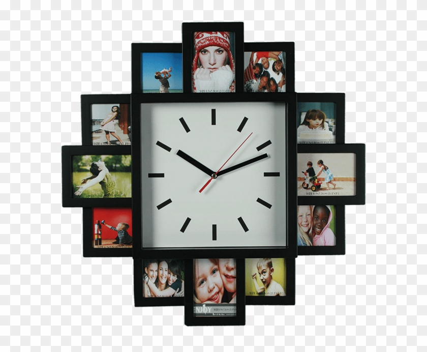 Plastic Wall Clock With 12 Photo Frames - Wall Clock Family Photo Frame Clipart
