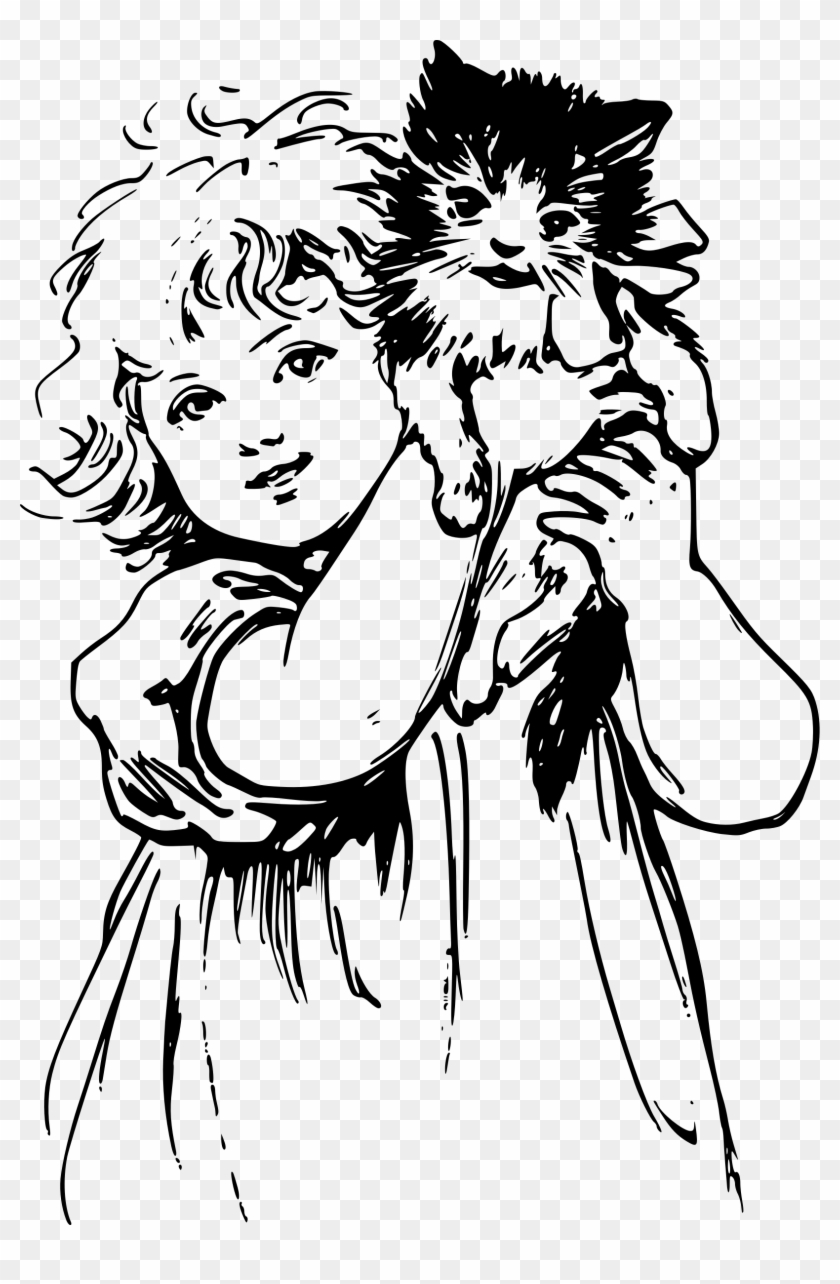 This Free Icons Png Design Of Victorian Girl With Kitty - Girl With Cat Clipart Black And White Transparent Png