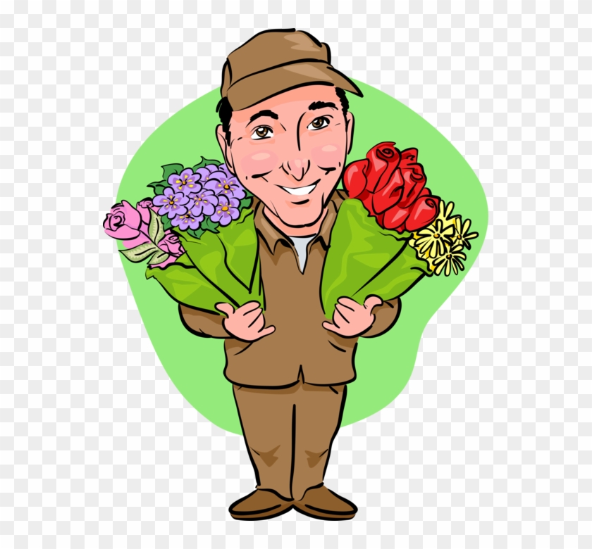 Vector Illustration Of Florist Delivery Man Delivers - Cartoon Flower Delivery Clipart