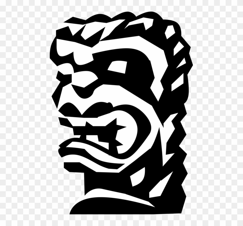 Vector Illustration Of Chinese Lion Head Statue - Graphic Design Clipart