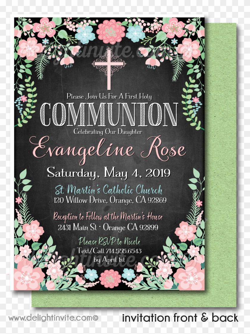 Vintage Chalkboard Botanical Communion Invitation - Mint And Peach Baptism Clipart #5367030