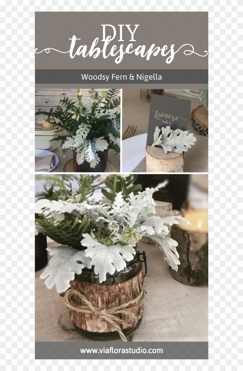 Woodland Tablescape With Planted Fern, Dusty Miller - Centrepiece Clipart