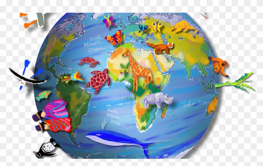 Globe With Animals - World Paint Clipart