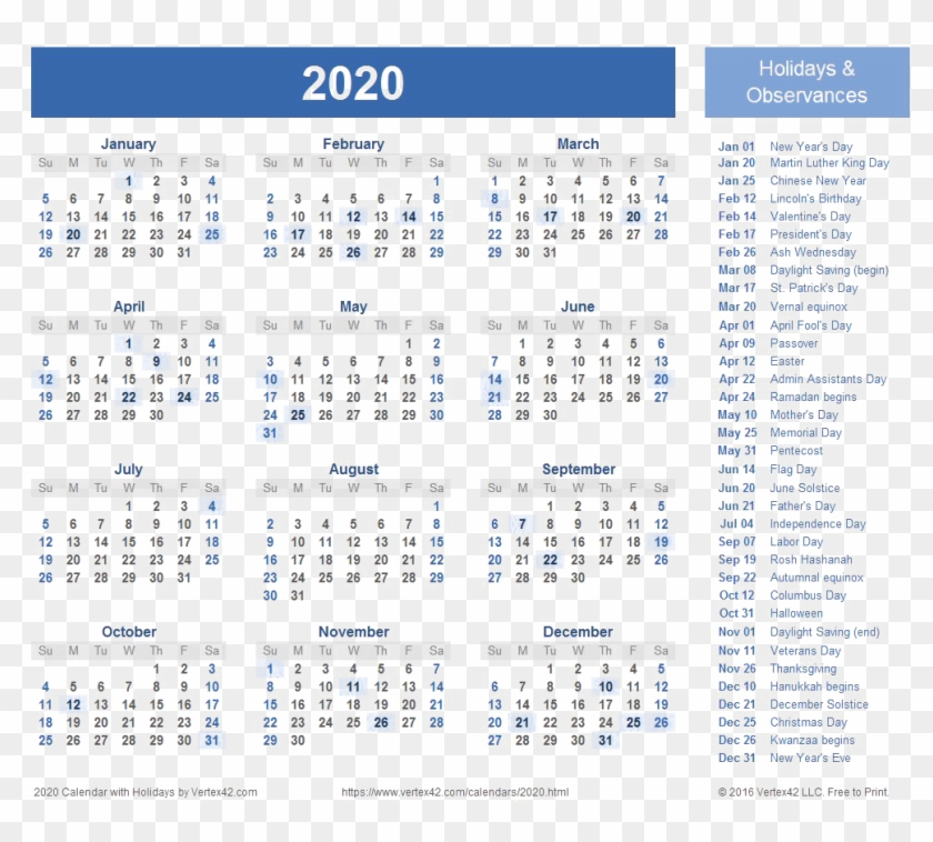 2020 Calendar Transparent Background - Free Printable 2020 Calendar With Holidays Clipart