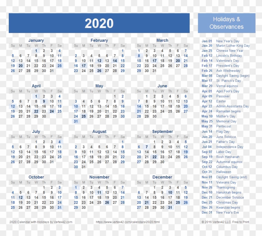 2020 Calendar Transparent Background - Free Printable 2020 Calendar With Holidays Clipart #5429681