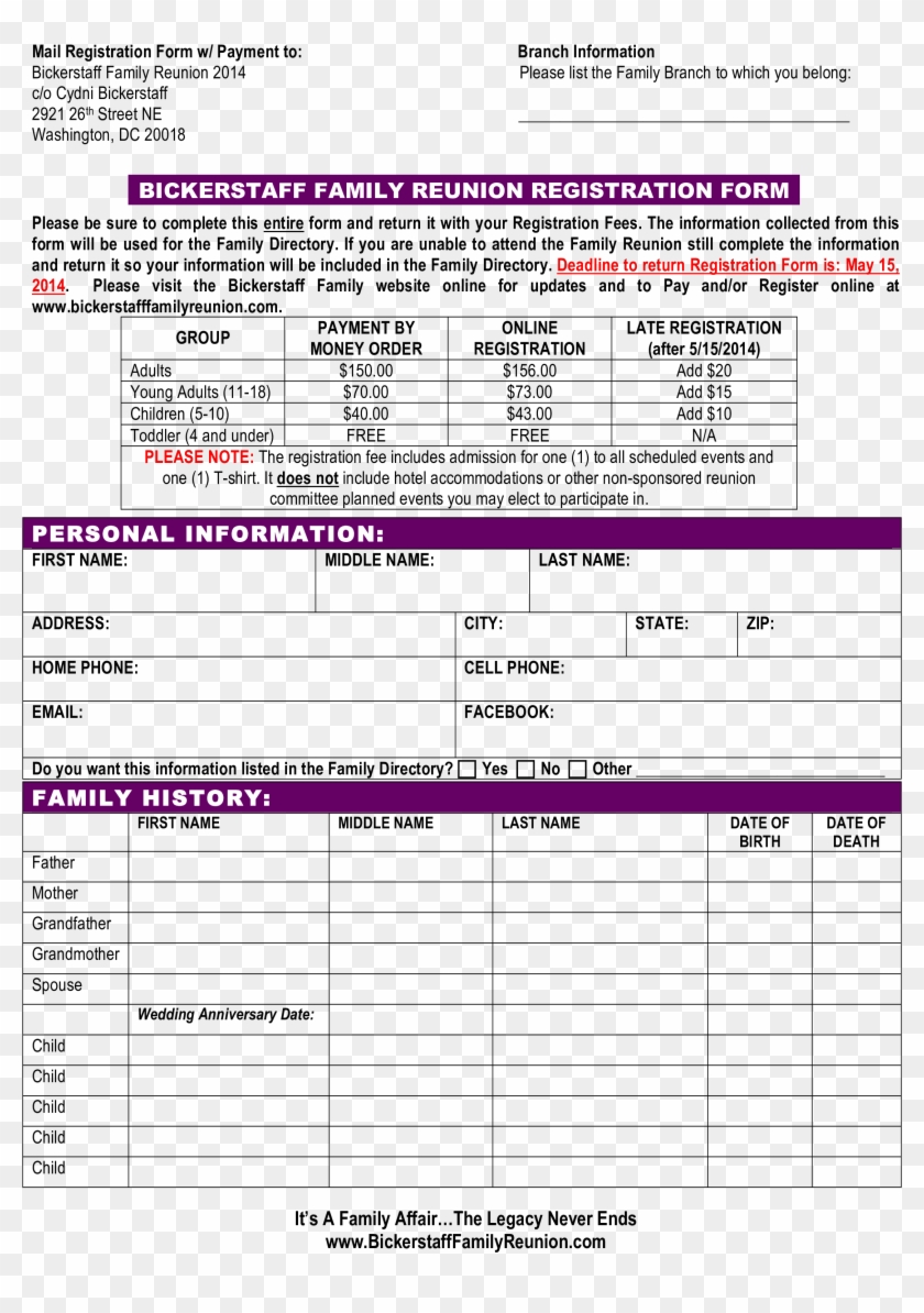 Free Family Reunion Registration Form Templates At - Family Sample Reunion Registration Form Clipart