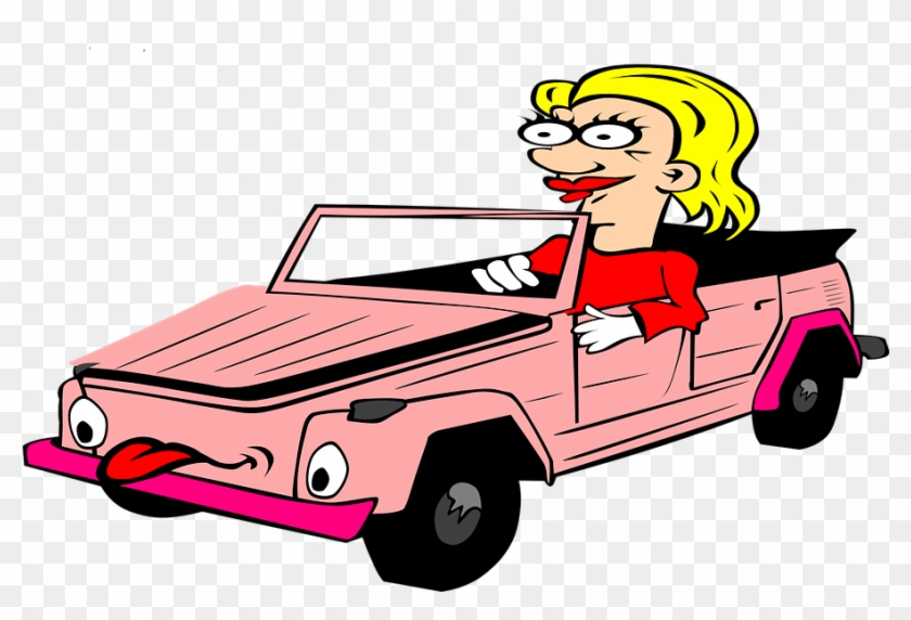 Cabriolet Cartoon Blond Woman Tongue Pink - Cartoon Person In Car Clipart