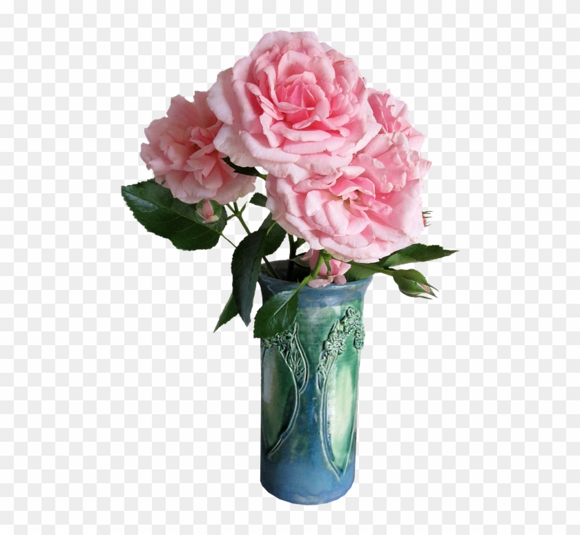 Roses Pink Green Vase Flowers - Jarron Con Flores Png Clipart #5455027