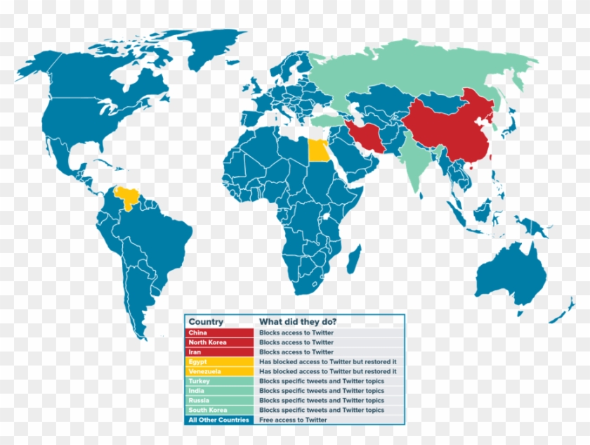 Map Of Countries That Block Or Restrict Twitter - World Map Free License Clipart