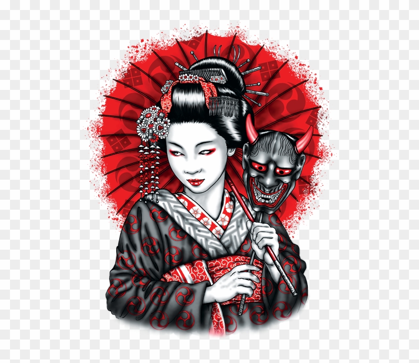 Geisha With Oni Mask Clipart