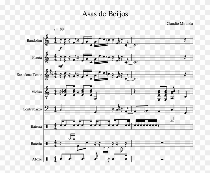 Asas De Beijos Sheet Music For Flute, Guitar, Tenor - Goya No Machiawase Notes Clipart