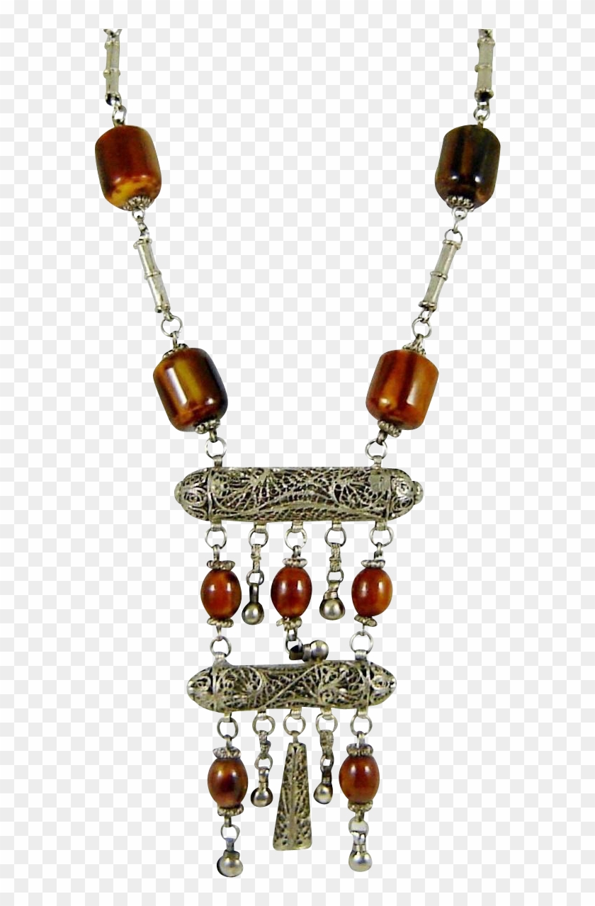 Vintage Tribal Bakelite Necklace Amber Silver Bells - Necklace Clipart #5467716