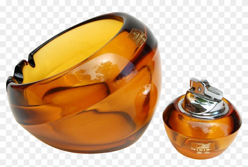 Vintage Viking Glass Orb Ashtray & Lighter Amber Glass - Amber Clipart