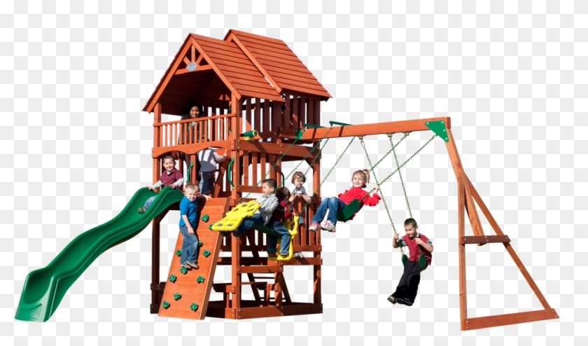 The Highlander Play Set Features A Rock Wall, Slide, - Cedar Play Set With Slide Clipart #5494280