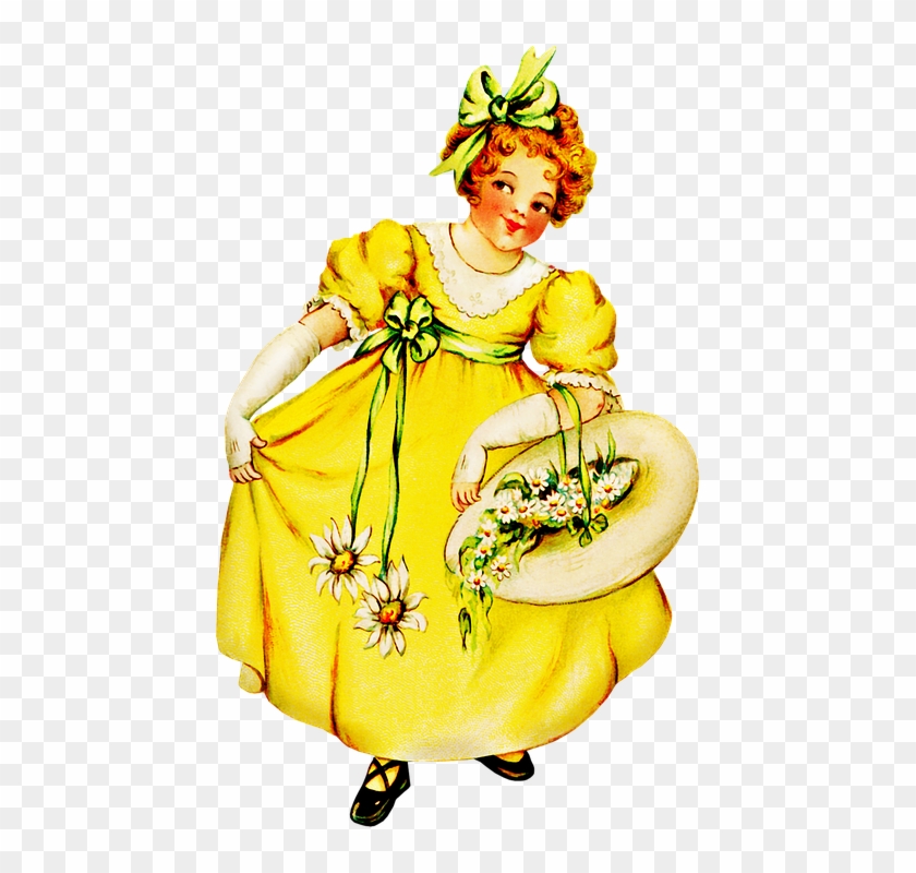 Vintage Girl Yellow Retro Flower Girl Dress Clipart