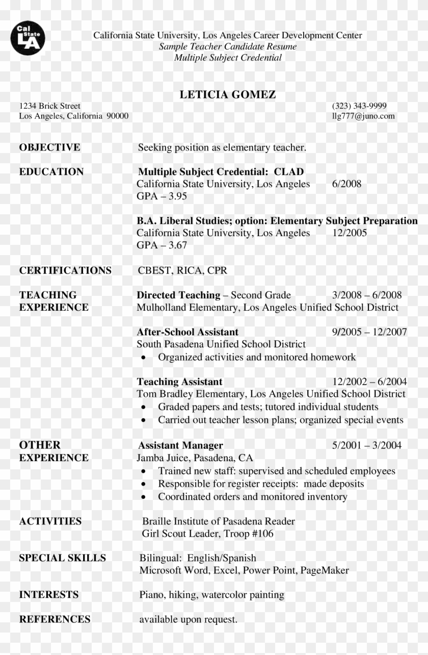 Sample Teacher Candidate Resume Main Image - Substitute Teacher Resume Clipart #5500511