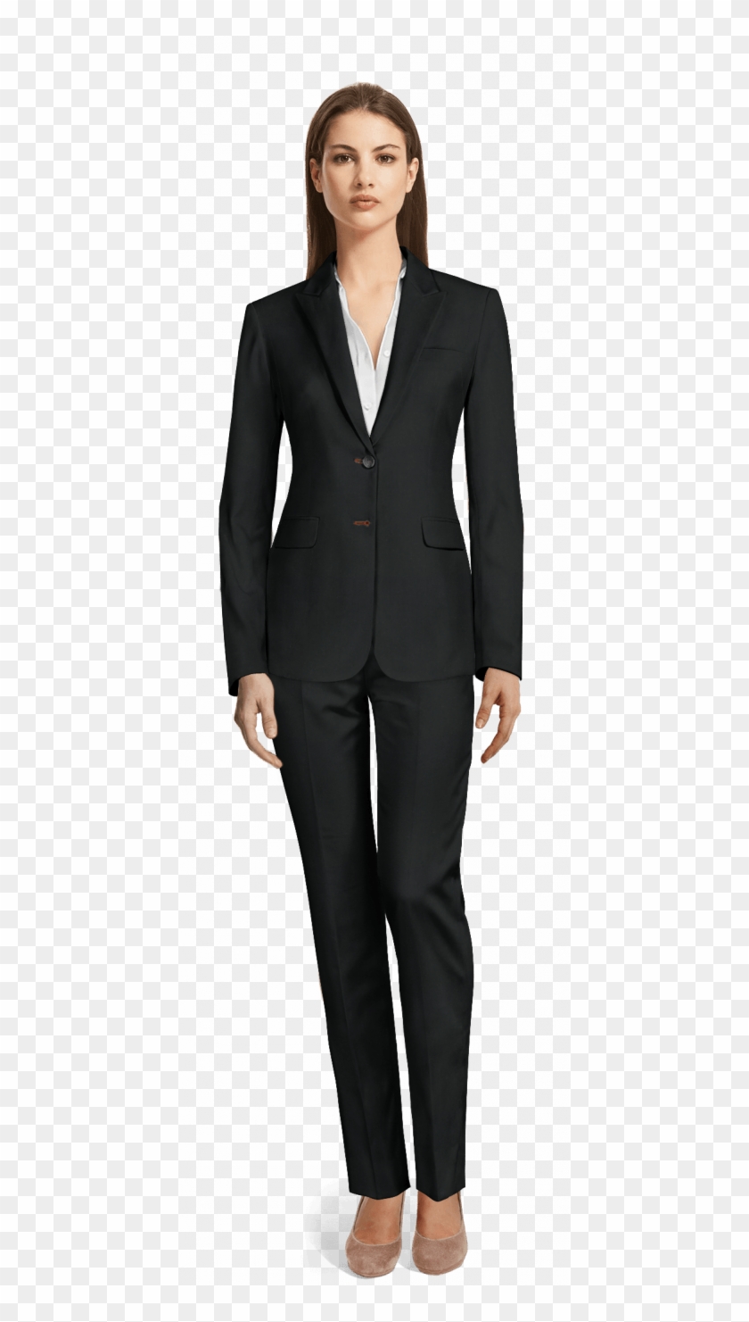 Black 100% Wool Pant Suit-view Front - Whole Body Formal Attire For Women Png Clipart #5525490