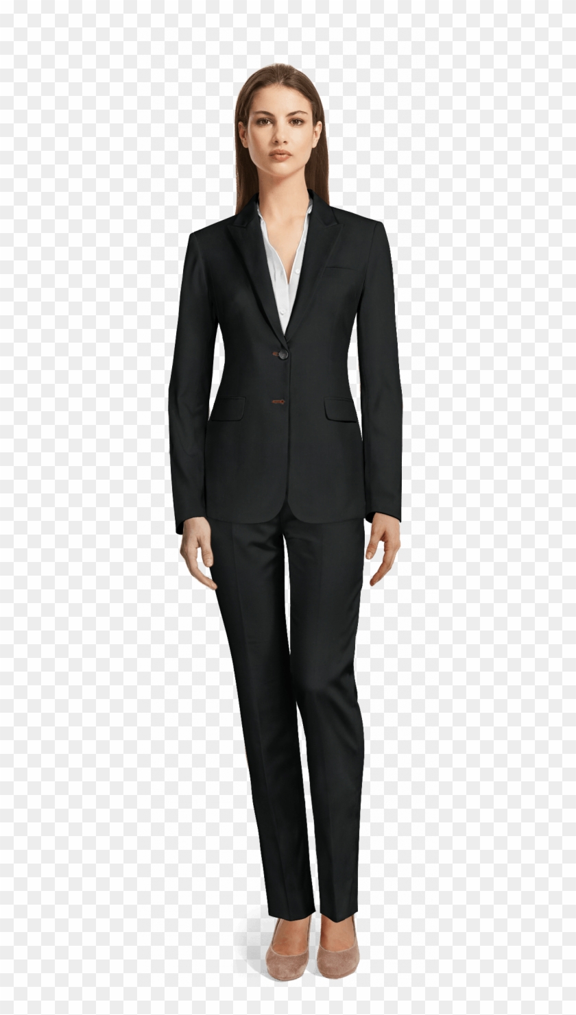 Black 100% Wool Pant Suit-view Front - Whole Body Formal Attire For Women Png Clipart