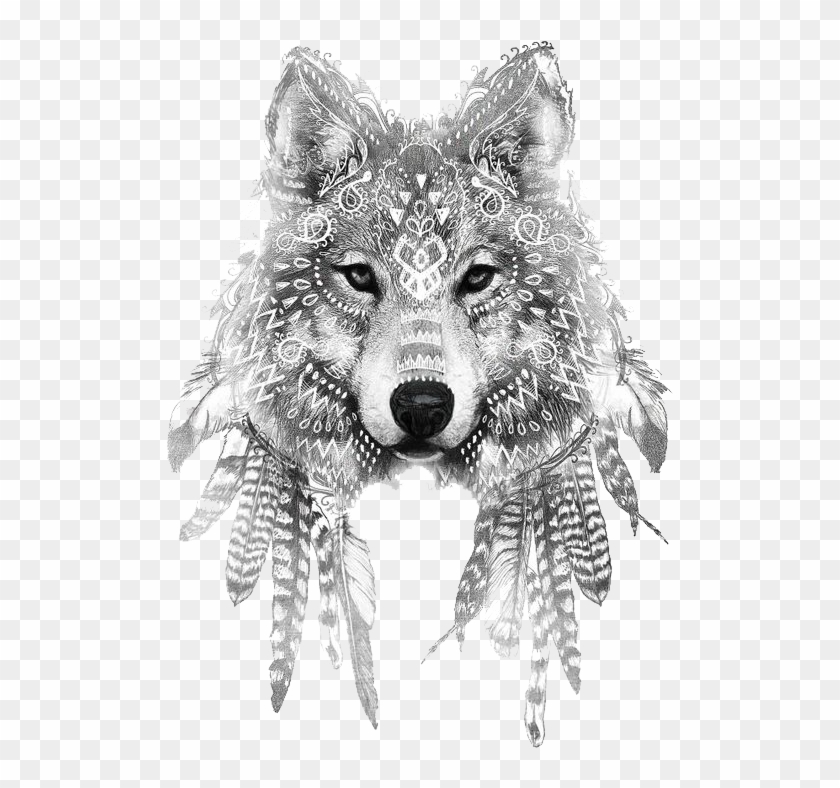 #wolf #art #drawing #feathers #boho #freetoedit - Wolf Tattoo With Feathers Clipart #5527764