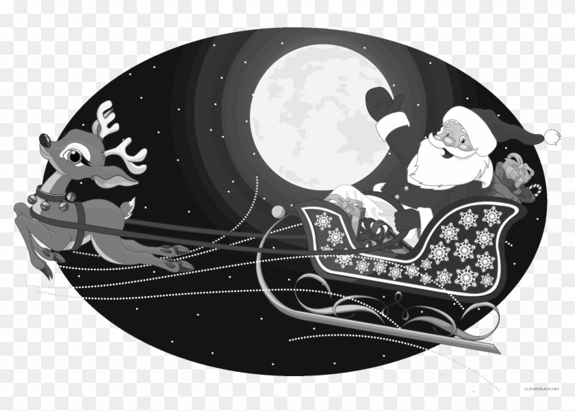 Christmas Deer Animal Free Black White Clipart Images - Santa Claus In Sleigh Clipart - Png Download