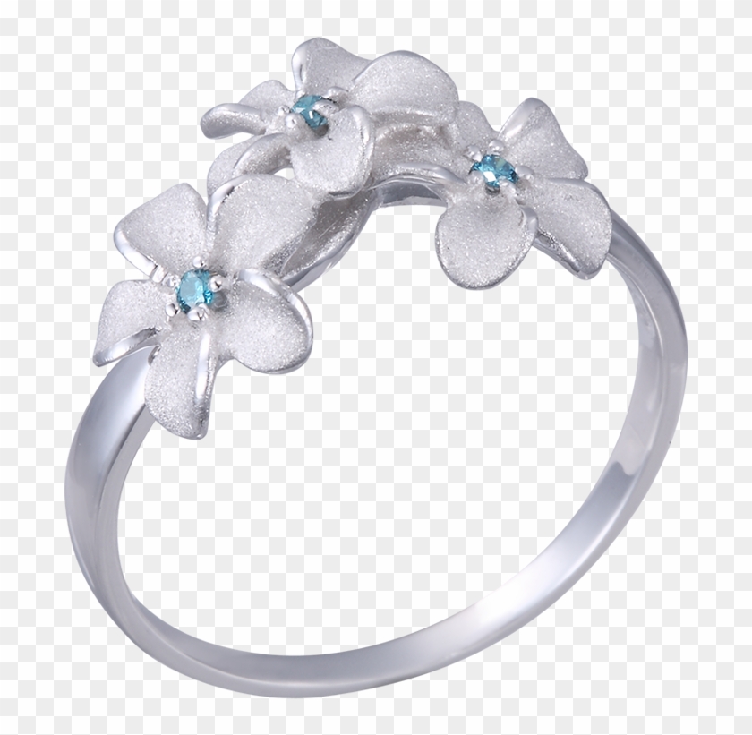 14k White Gold Plumeria Ring With 3 Blue Diamonds - Pre-engagement Ring Clipart
