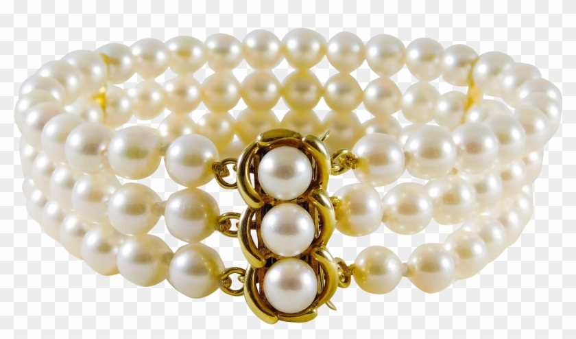 Vintage 14k Gold And Lustrous 3-strand White Pearl - Pearl Clipart #5542003
