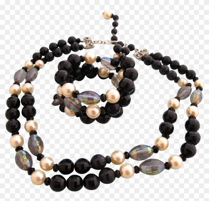 Vintage Hobe Black Bead And Faux Pearl Necklace And - Bead Clipart #5542233