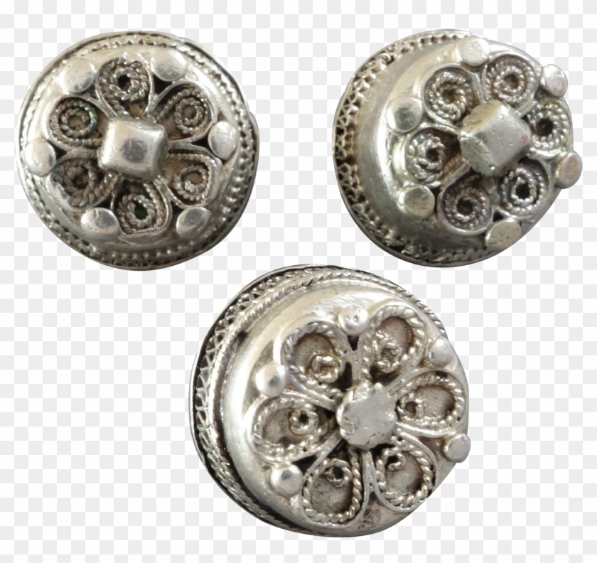 Three Antique 13lot Silver Buttons Traditional Costume - Circle Clipart #5560752