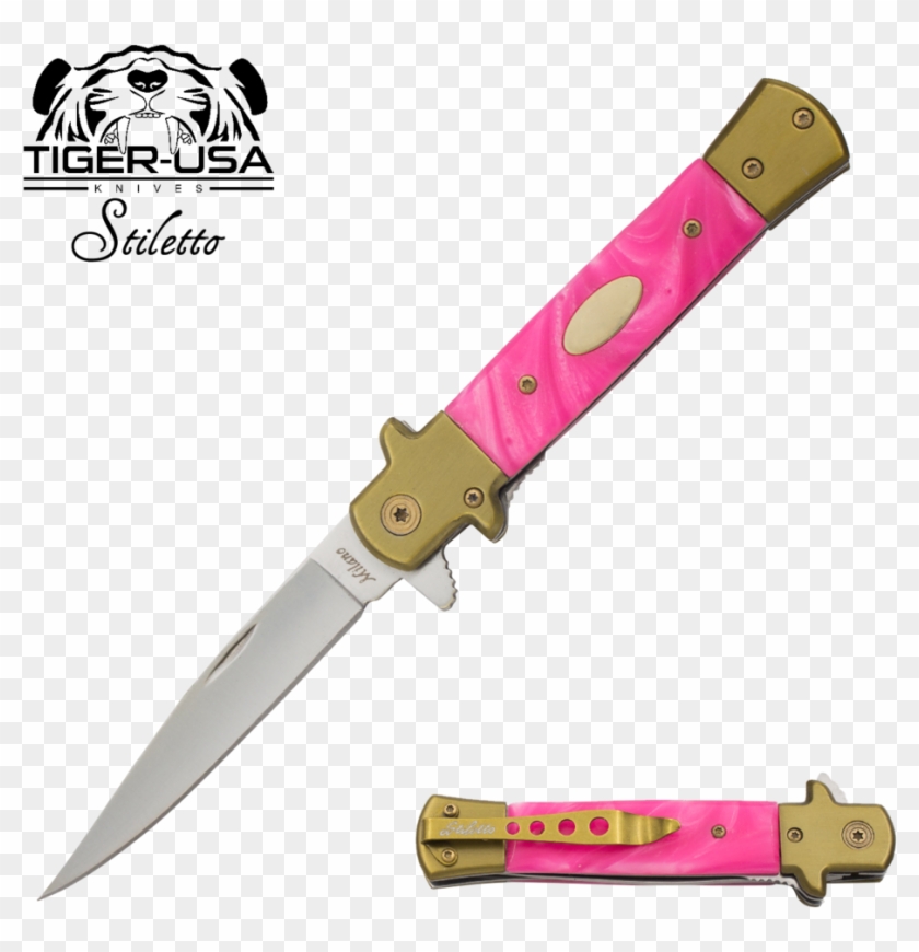 9" Tiger Pink Swirl Italian Milano Stiletto Tactical - Stiletto Style Knife Clipart
