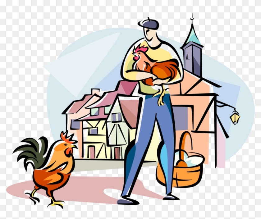 Vector Illustration Of French Farmer With Cockerel - Cartoon Clipart