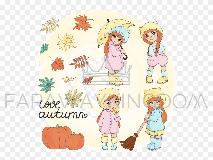 Autumn Girls Season Vector Illustration Set - Cartoon Clipart