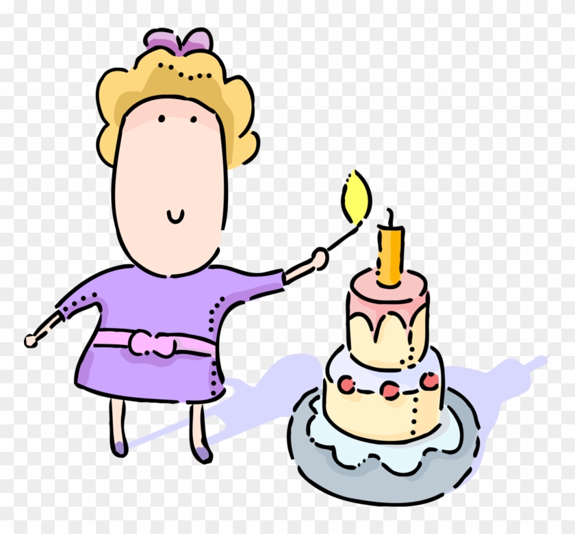 Vector Illustration Of Young Girl Lights Candle On - Cartoon Clipart #5595533