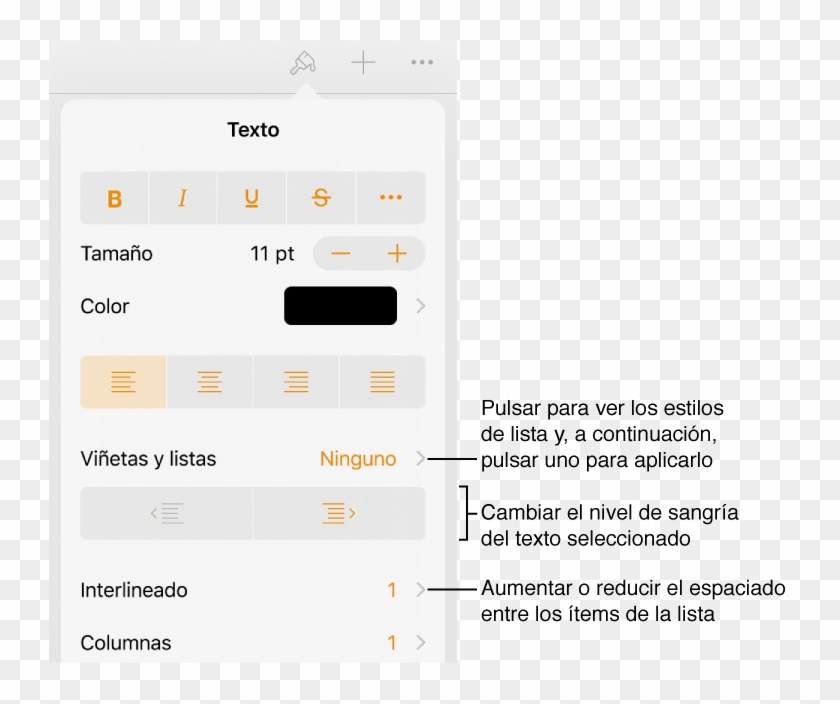 Los Controles De Formato Con Llamadas Al Menú “viñetas/listas”, - Add Bullet Points In Pages Ipad Clipart