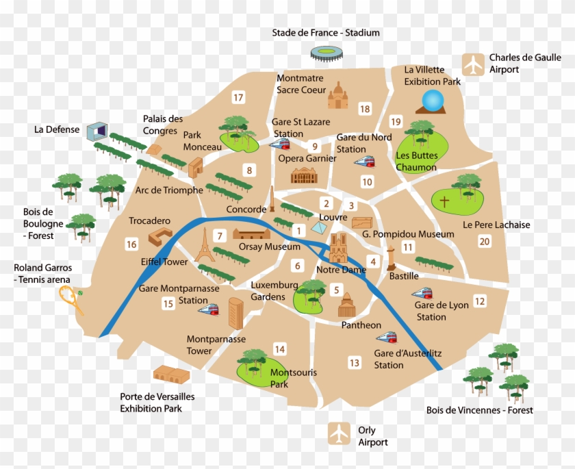 Paris Main Sightseeing Map - Map Of Paris Sites Clipart