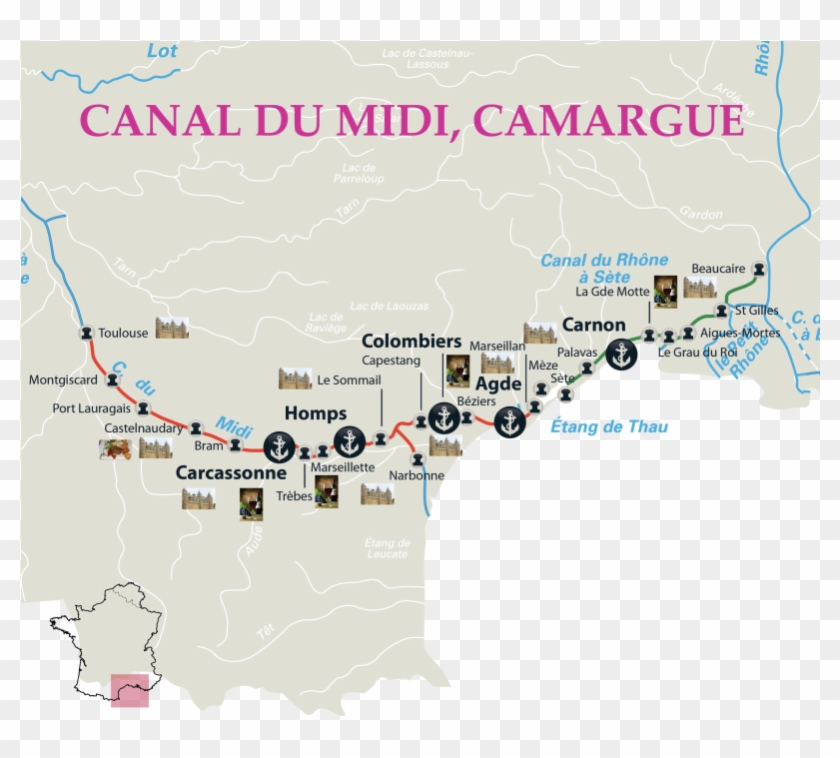 Canal Boating On The Canal Du Midi - Map Clipart