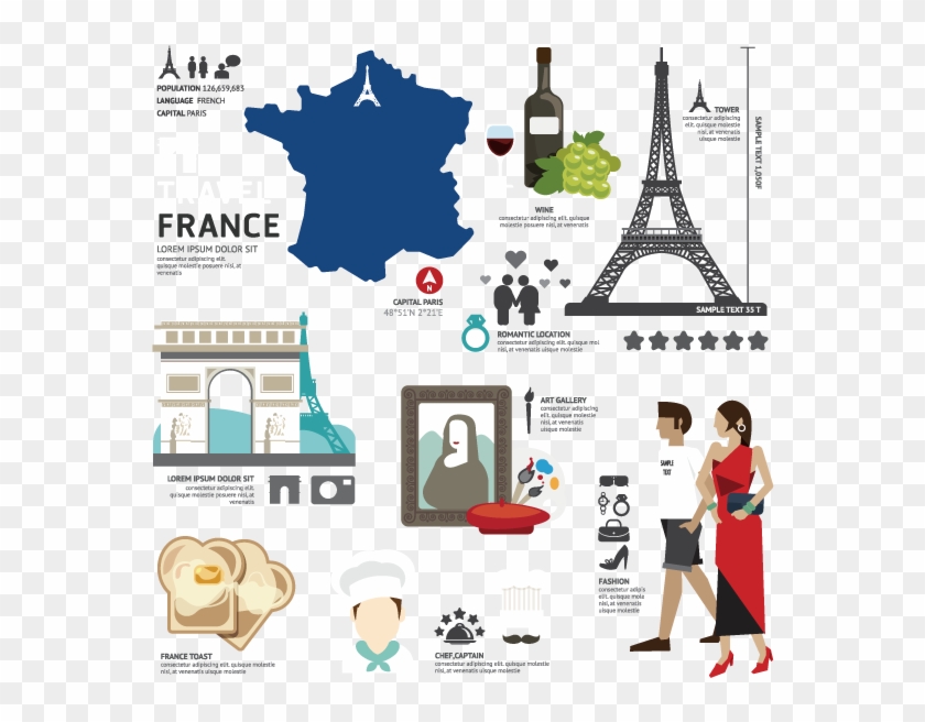 France Map Wine Eiffel Tower Triumphal Arch Chef Mona - France Flat Design Clipart