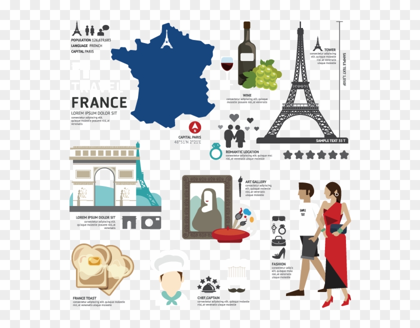 France Map Wine Eiffel Tower Triumphal Arch Chef Mona - France Flat Design Clipart #5611341