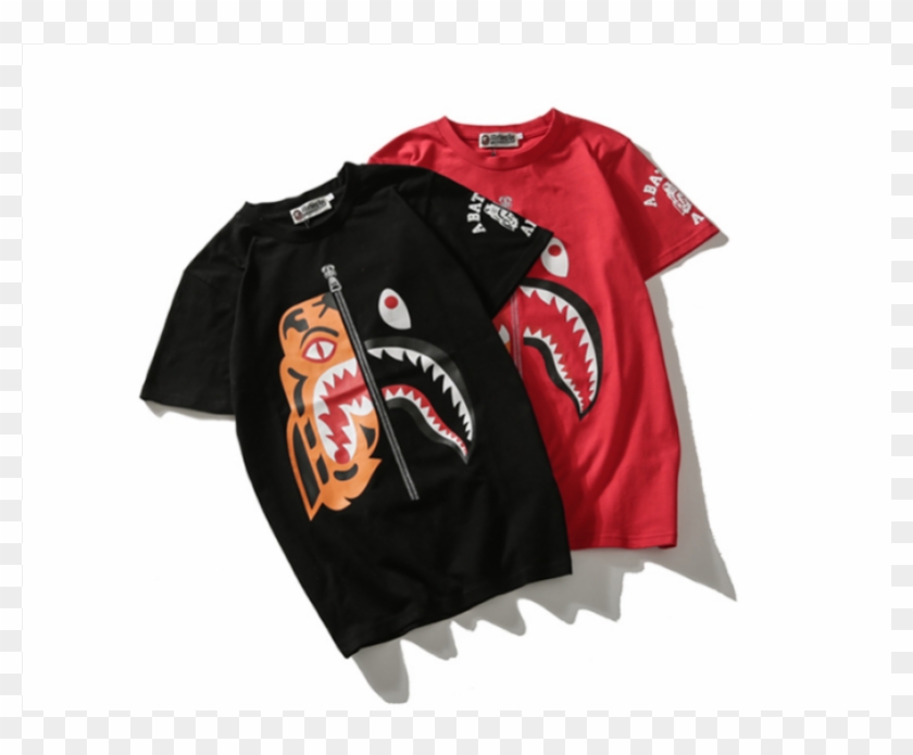 Popular Logo Tiger Head Shark Head Joint T Shirt Black Bape