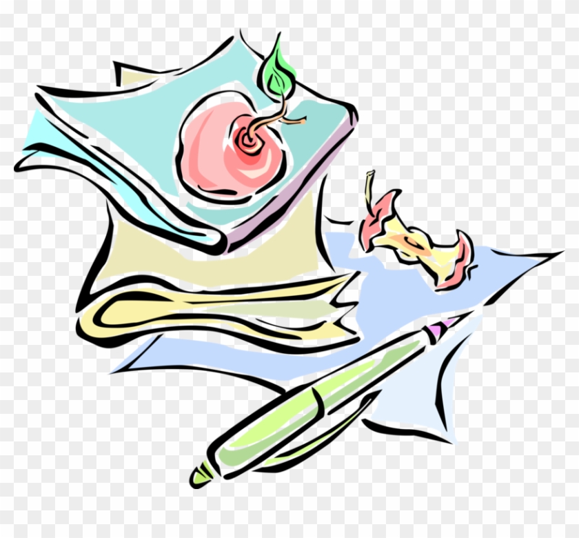 Vector Illustration Of Schoolwork With Apple Core, Clipart