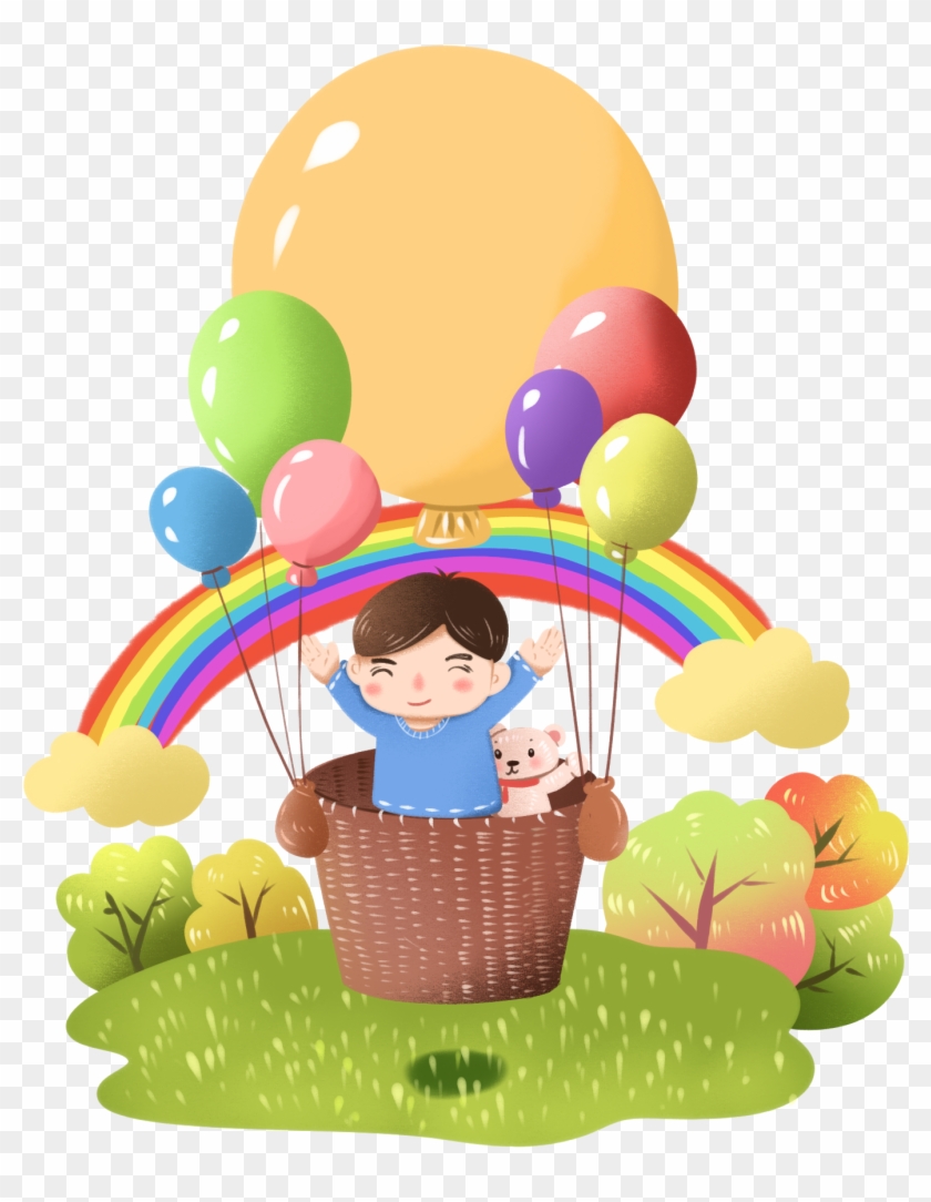 Crianças Brincando Balão De Ar Quente Outono Ilustração - Hot Air Balloon Clipart
