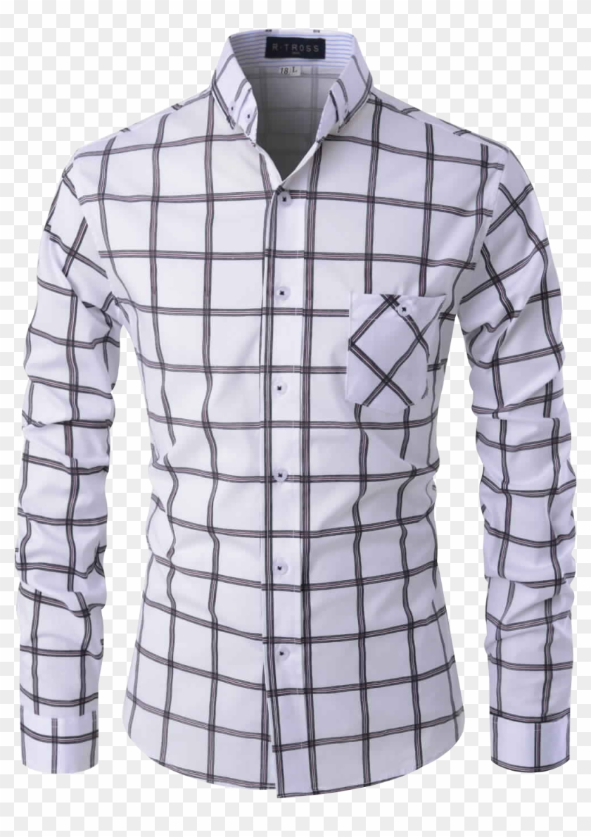 Mens White And Black Slim Fit Check Pattern Long Sleeve - Shirt Clipart